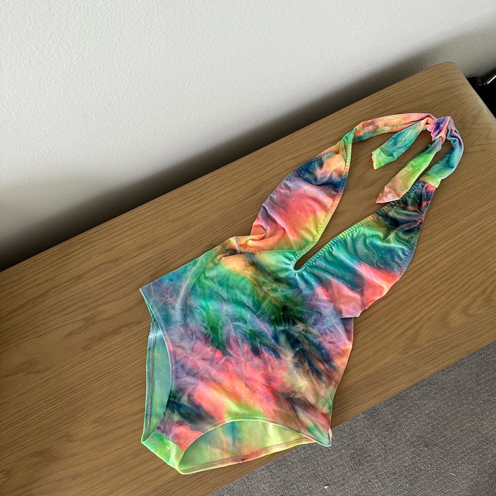 Worn once. Like new. Rave/festival bodysuit. Rainbow tie dye size S/M